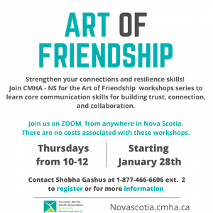 poster for art of friendship mental health workshop nova scotia